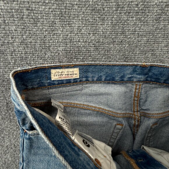 Levis Premium 501s Jeans Blue Denim Distressed Button Fly Women Straight Crop - Picture 15 of 16